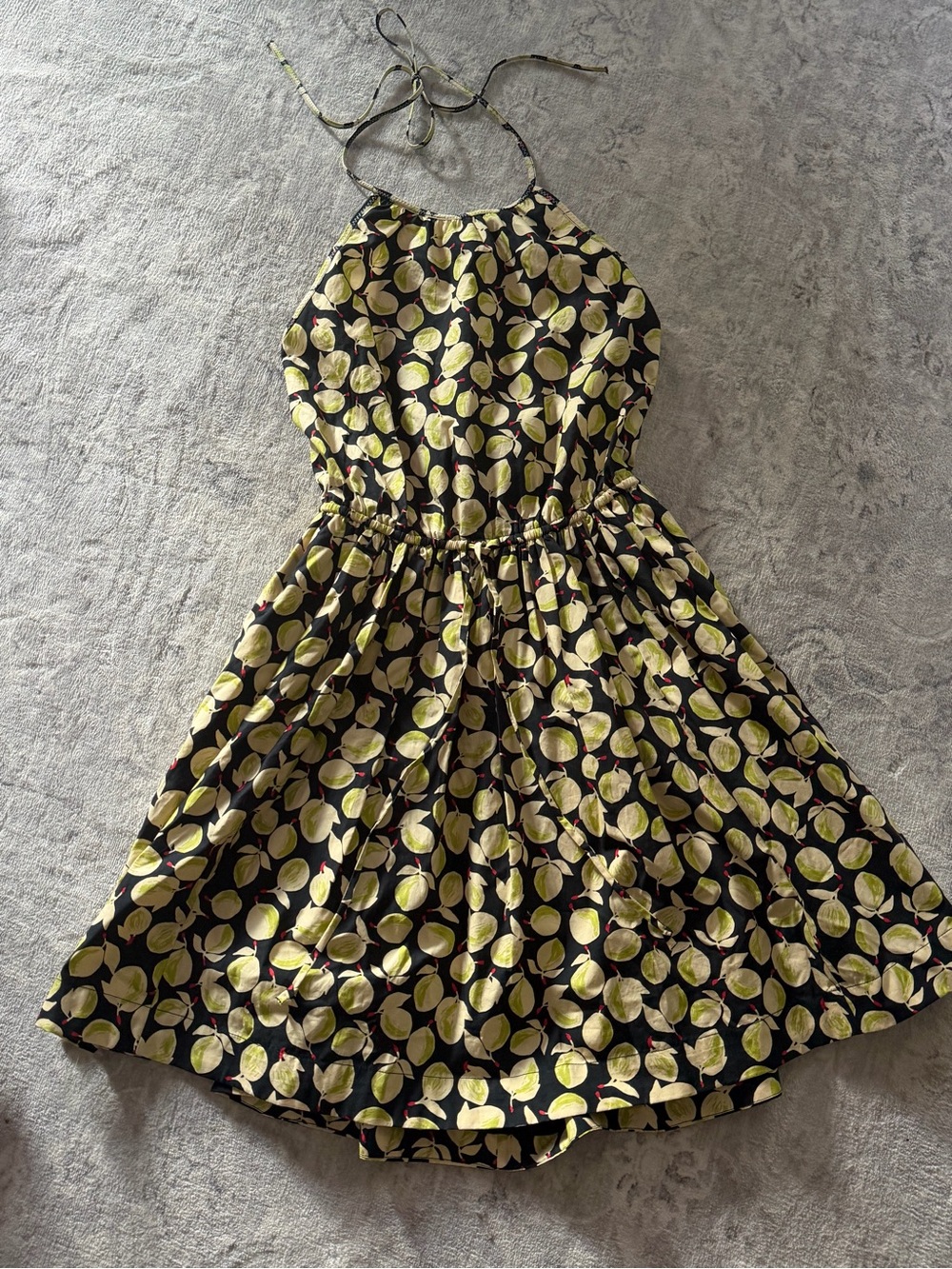 J. Crew Black Halter Dress with Yellow and Green Fruit Motif